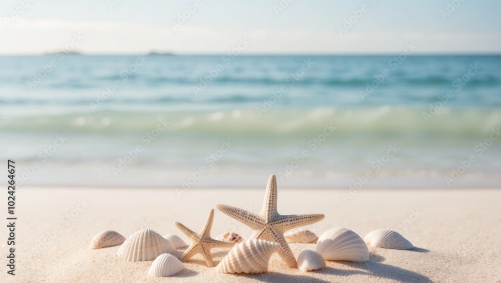 Seashells and starfish on a sandy beach with a clear blue ocean in the foreground and a softly blurred background. Seashells and starfish on a sandy beach with a clear blue ocean in the foreground and a softly blurred background.