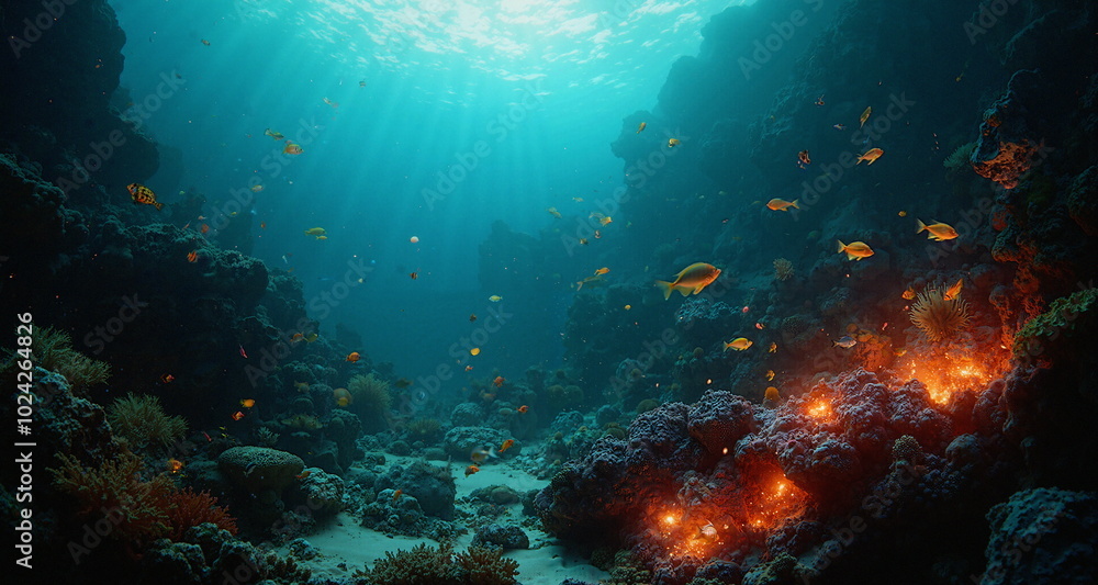 Fototapeta premium Podwodny świat raf koralowych w okolicach aktywnych sejsmicznie. Widoczne pęknięcia skał z wypływem gorącej magmy. Widzimy kolorowe rybki i stworzenia wodne. 