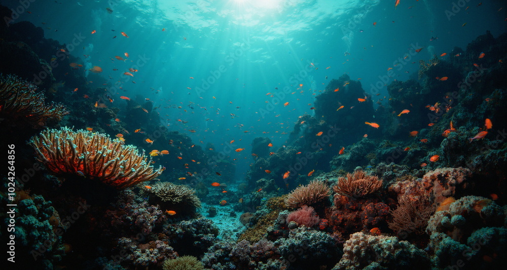 Fototapeta premium Podwodny świat raf koralowych w okolicach aktywnych sejsmicznie. Widoczne pęknięcia skał z wypływem gorącej magmy. Widzimy kolorowe rybki i stworzenia wodne. 