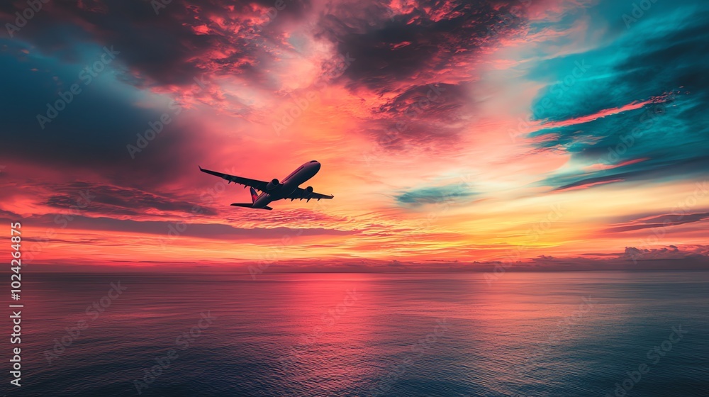Airplane flying over the ocean at sunset. Colorful clouds and dramatic sky. Airplane flying over the ocean at sunset. Colorful clouds and dramatic sky.