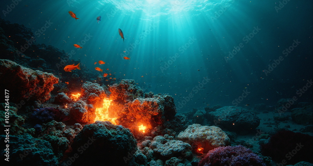 Fototapeta premium Podwodny świat raf koralowych w okolicach aktywnych sejsmicznie. Widoczne pęknięcia skał z wypływem gorącej magmy. Widzimy kolorowe rybki i stworzenia wodne.