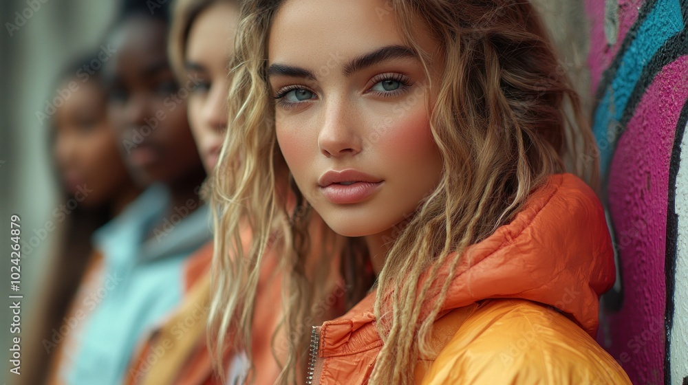 A group of diverse women, one with long blonde hair and wearing a bright orange jacket, looks directly at the camera. A group of diverse women, one with long blonde hair and wearing a bright orange jacket, looks directly at the camera.