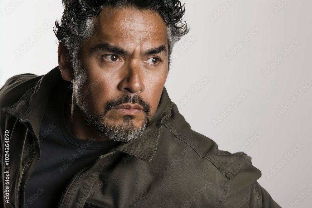 Fototapeta premium Serious Middle-aged Man in Olive Green Jacket