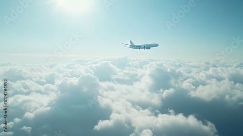 Airplane flying high above the clouds in a clear blue sky.