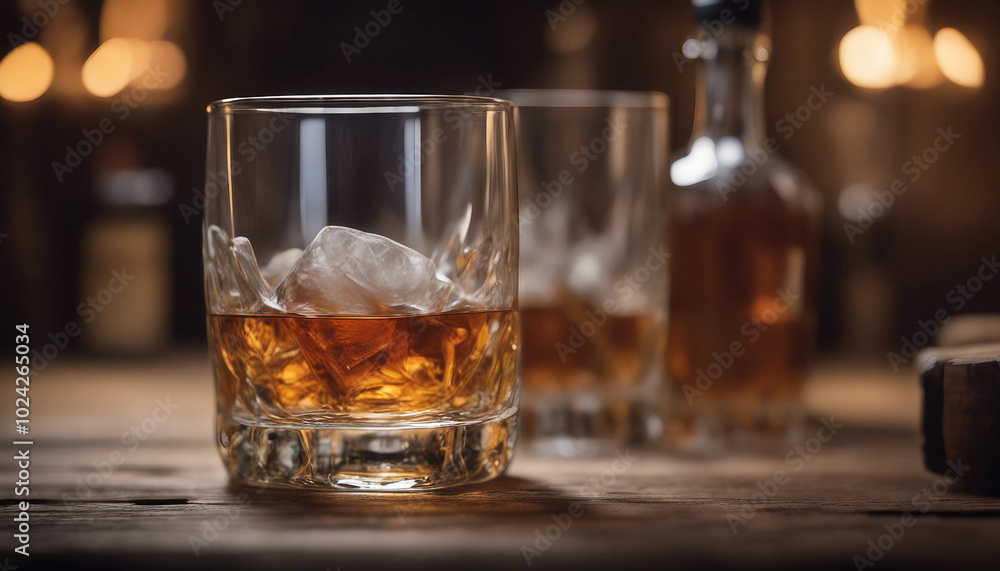 A frosted whisky glass rests on a wooden barrel beside an unbranded, unwritten whisky bottle, with ample copy space. A frosted whisky glass rests on a wooden barrel beside an unbranded, unwritten whisky bottle, with ample copy space.