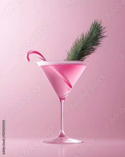 A vibrant pink cocktail in a martini glass, elegantly adorned with a candy cane and a pine garnish, set against a soft pink background. Christmas and New Year festive concept with copy space. photo