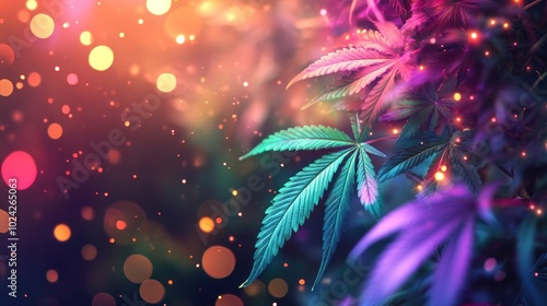 A vibrant depiction of cannabis leaves with a colorful, dreamy background.