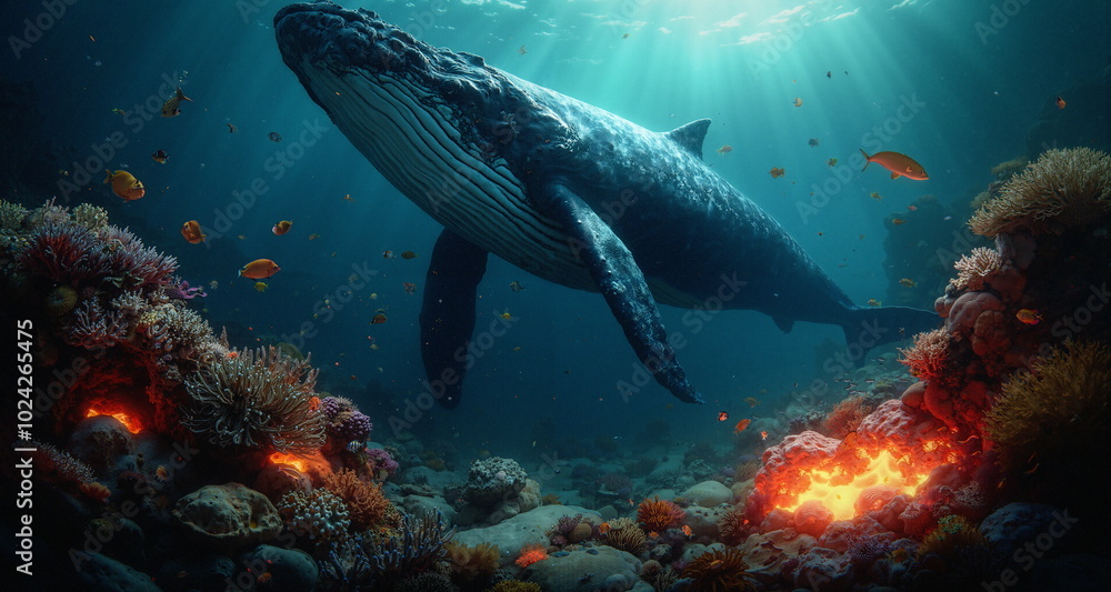 Obraz premium Podwodny świat raf koralowych w okolicach aktywnych sejsmicznie. Widoczne pęknięcia skał z wypływem gorącej magmy. Widzimy kolorowe rybki i stworzenia wodne. Na pierwszym planie wieloryb.