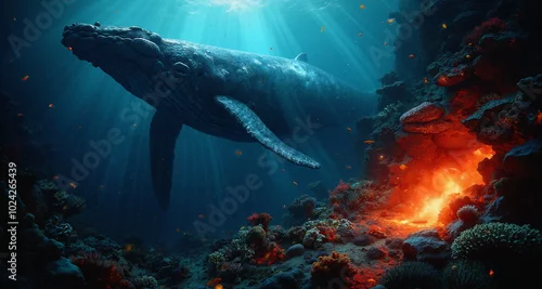 Obraz Podwodny świat raf koralowych w okolicach aktywnych sejsmicznie. Widoczne pęknięcia skał z wypływem gorącej magmy. Widzimy kolorowe rybki i stworzenia wodne.  Na pierwszym planie wieloryb.