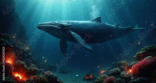 Obraz Podwodny świat raf koralowych w okolicach aktywnych sejsmicznie. Widoczne pęknięcia skał z wypływem gorącej magmy. Widzimy kolorowe rybki i stworzenia wodne.  Na pierwszym planie wieloryb.