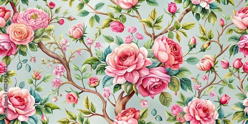 Watercolor garden rose bouquet blooming tree seamless pattern Chinoiserie floral texture on white High Angle