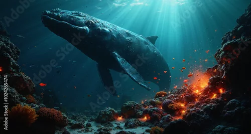 Obraz Podwodny świat raf koralowych w okolicach aktywnych sejsmicznie. Widoczne pęknięcia skał z wypływem gorącej magmy. Widzimy kolorowe rybki i stworzenia wodne.  Na pierwszym planie wieloryb.