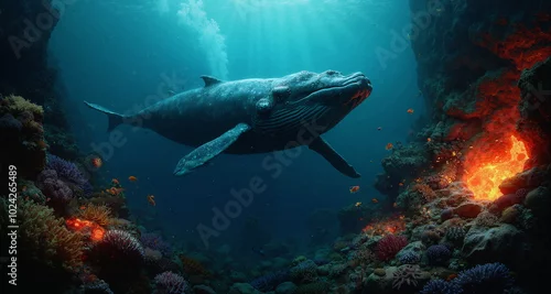Obraz Podwodny świat raf koralowych w okolicach aktywnych sejsmicznie. Widoczne pęknięcia skał z wypływem gorącej magmy. Widzimy kolorowe rybki i stworzenia wodne.  Na pierwszym planie wieloryb.