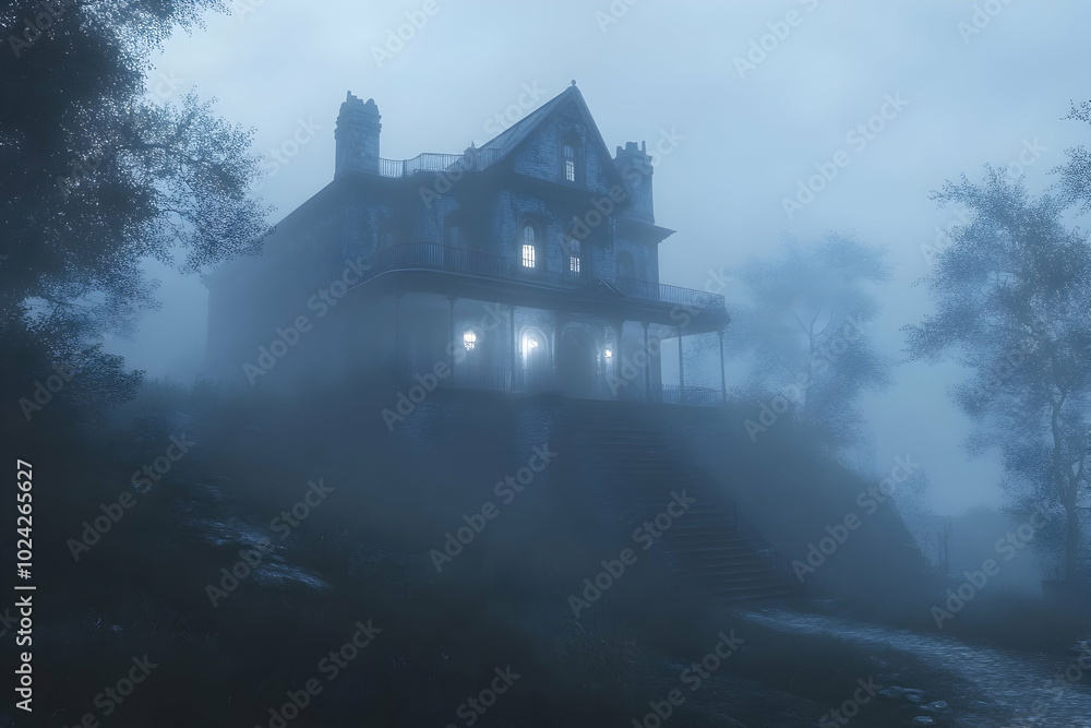 Mysterious Mansion in the Fog - 3D Illustration Mysterious Mansion in the Fog - 3D Illustration
