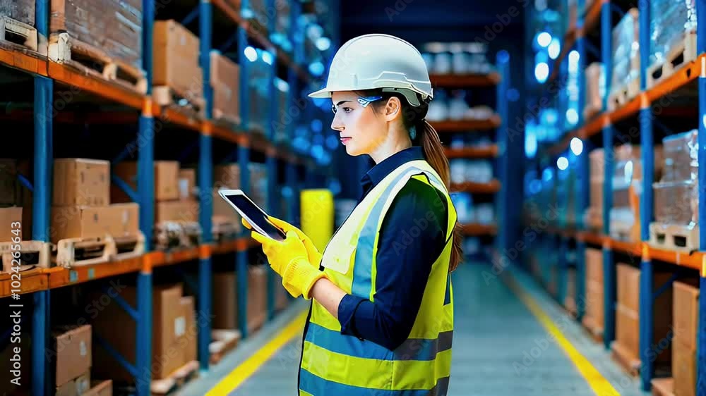 Female worker wearing a hard hat and safety vest uses a tablet in a warehouse. Female worker wearing a hard hat and safety vest uses a tablet in a warehouse.