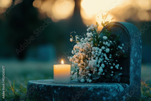 A tranquil gravestone decorated with a candle and a bouquet at sunset in a serene cemetery photo