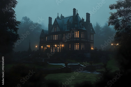 Mysterious Mansion in Foggy Night - Digital Illustration photo