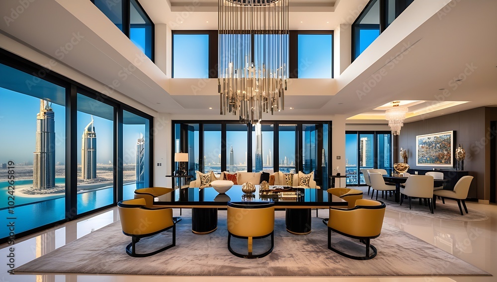 Luxury house in Dubai with contemporary art deco interior, featuring designer furniture and expansive glass windows showcasing stunning views of the city skyline and iconic skyscrapers. Luxury house in Dubai with contemporary art deco interior, featuring designer furniture and expansive glass windows showcasing stunning views of the city skyline and iconic skyscrapers.