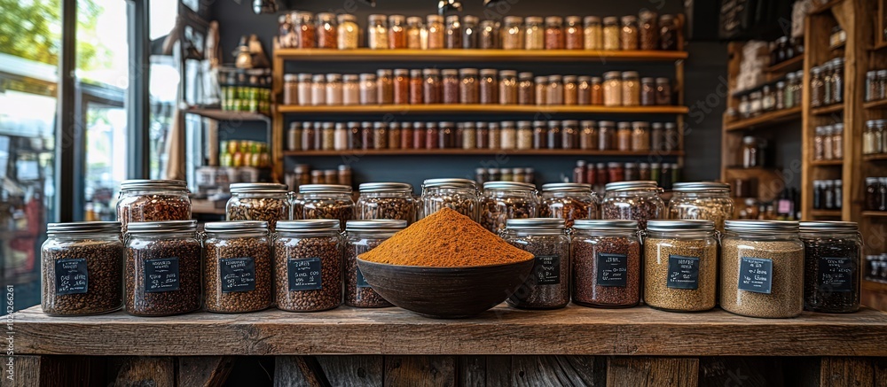 A variety of spices and seasonings in glass jars on a wooden counter in a shop. A variety of spices and seasonings in glass jars on a wooden counter in a shop.