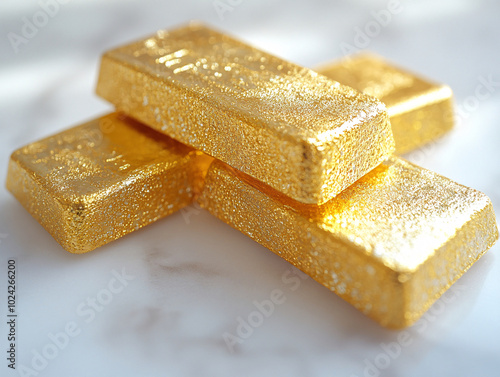 gold bars lying on a white surface.