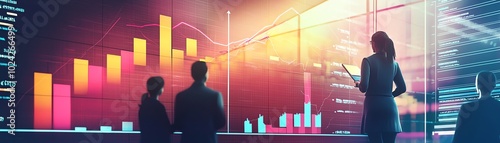 Business professionals analyze colorful financial data on a screen during a collaborative meeting, focused on growth and strategy.