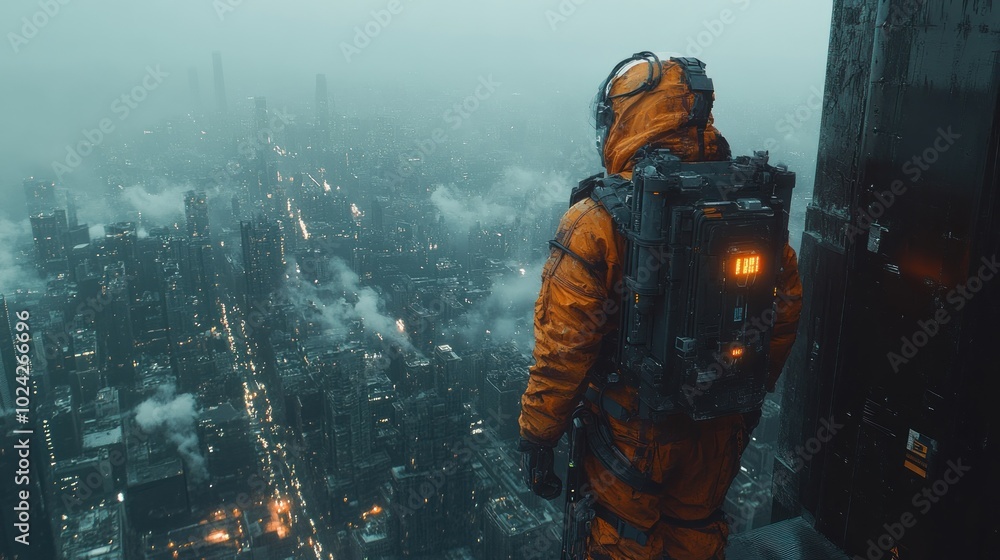 A lone figure in a hazmat suit stands on a rooftop overlooking a futuristic city shrouded in smog. A lone figure in a hazmat suit stands on a rooftop overlooking a futuristic city shrouded in smog.
