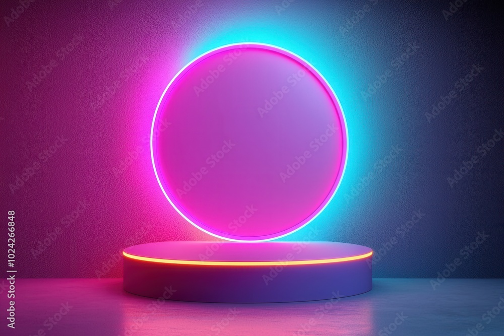 A vibrant neon display featuring a circular spotlight on a pedestal, perfect for showcasing products or creative concepts A vibrant neon display featuring a circular spotlight on a pedestal, perfect for showcasing products or creative concepts