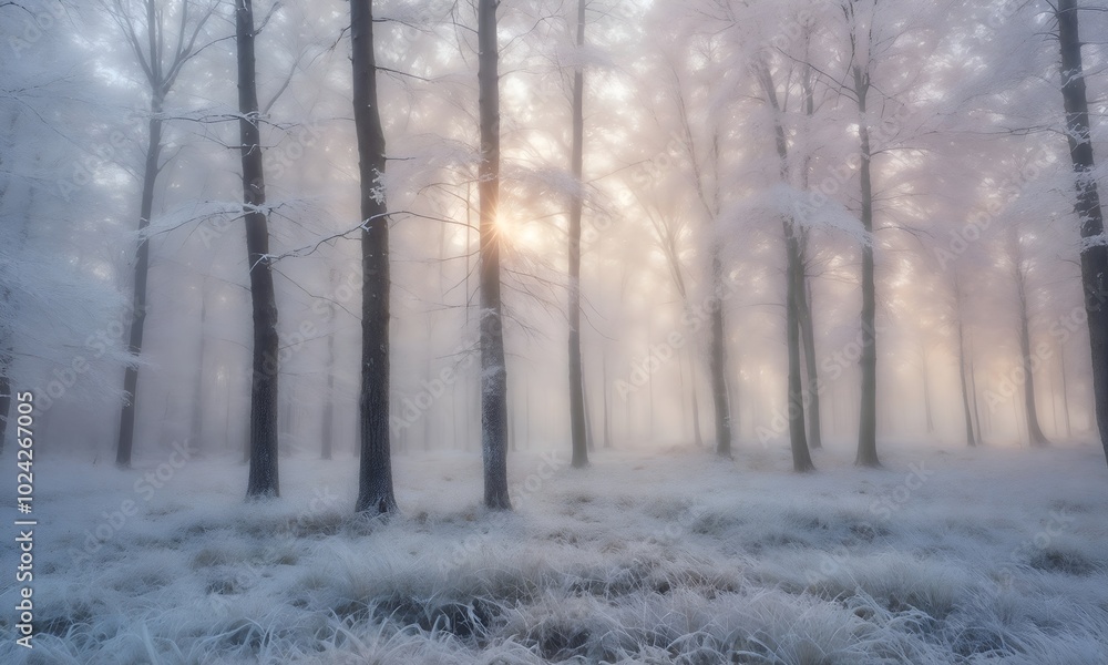 Serene Winter Scene at Dawn with Snow-Covered Trees and Soft Pink, Red, and Yellow Sky, Romantic Atmosphere Serene Winter Scene at Dawn with Snow-Covered Trees and Soft Pink, Red, and Yellow Sky, Romantic Atmosphere