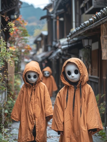 A mysterious scene depicting figures in masks walking through a quiet, old town alley surrounded by autumn foliage.