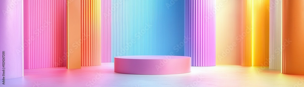 A vibrant, colorful studio background featuring glowing pillars and a round platform, ideal for creative presentations and events A vibrant, colorful studio background featuring glowing pillars and a round platform, ideal for creative presentations and events