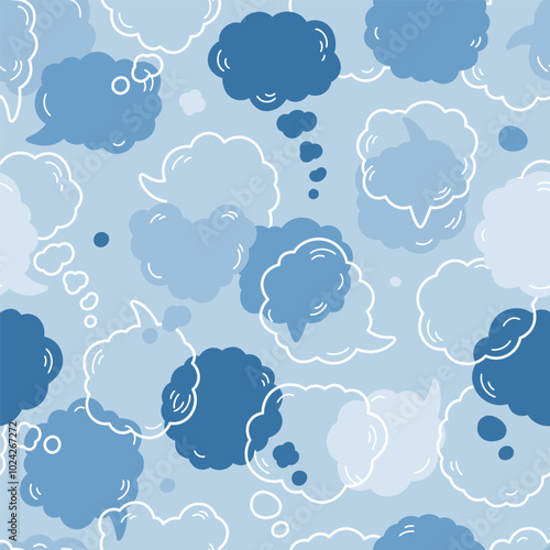 Speech Bubble Vector Seamless Blue Pattern. Thought Bubbles.