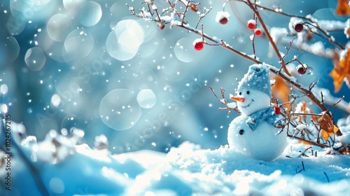 Whimsical Winter Scene with Snowman and Berries Amidst Frosted Branches