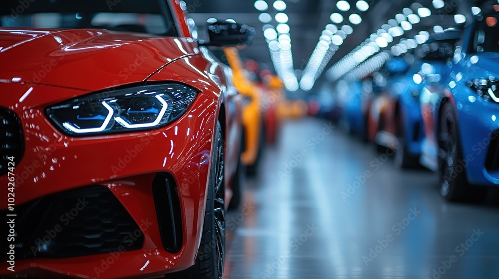 Red car in showroom Red car in showroom
