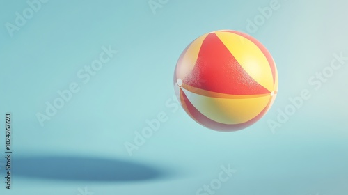 A classic red and yellow beach ball floats in mid-air against a light blue background.