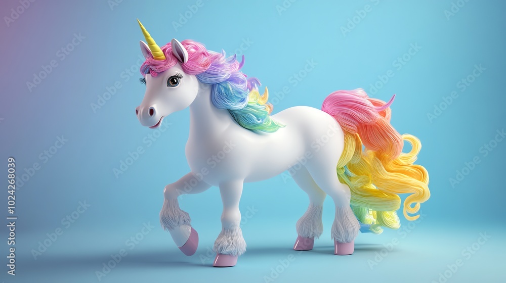 A 3D rendered unicorn with rainbow mane and tail stands on a light blue background.