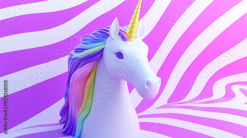 White unicorn head with rainbow mane on pink and white striped background. photo