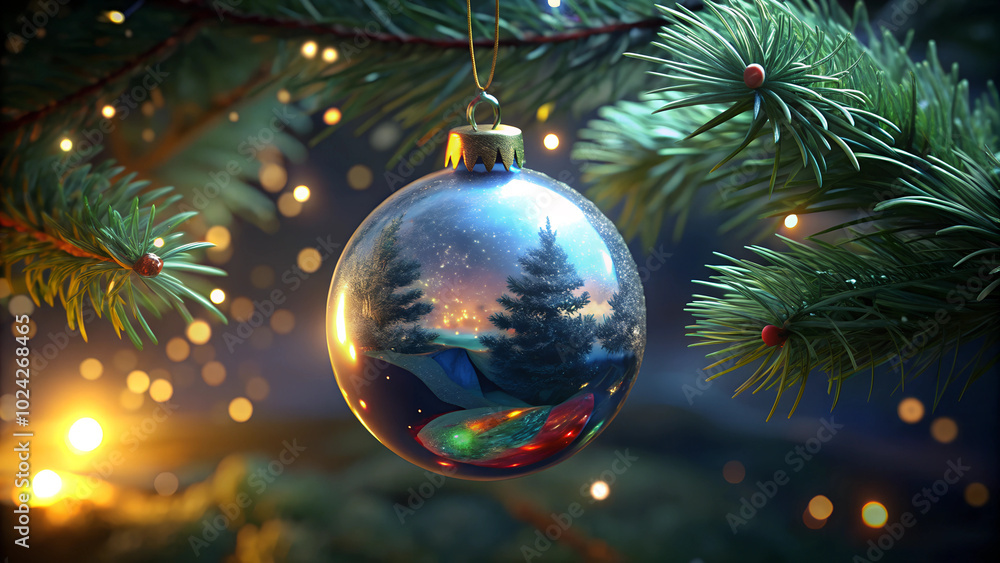 Glass balls with drawings on the Christmas tree Glass balls with drawings on the Christmas tree