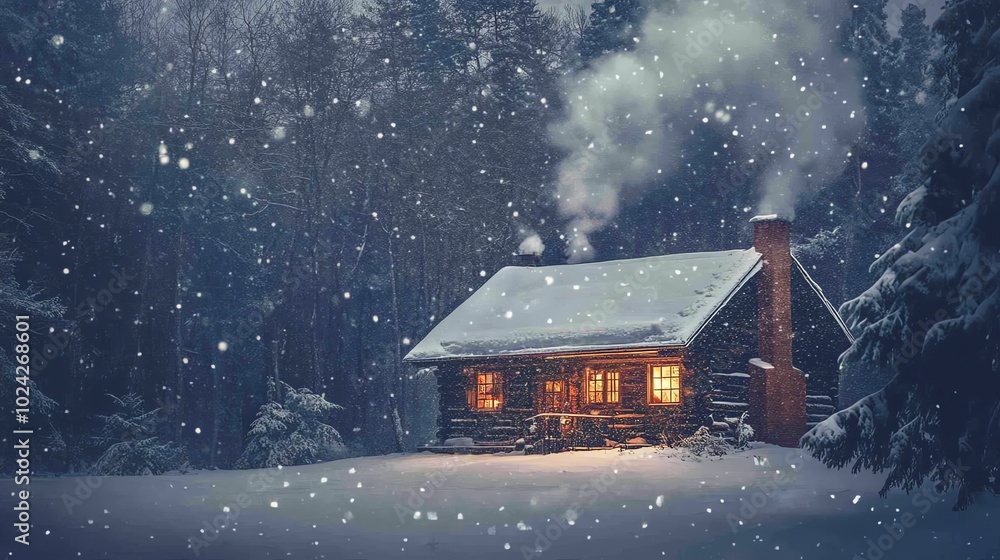 Cozy cabin in a snowy forest with warm lights and smoke coming from the chimney. Cozy cabin in a snowy forest with warm lights and smoke coming from the chimney.