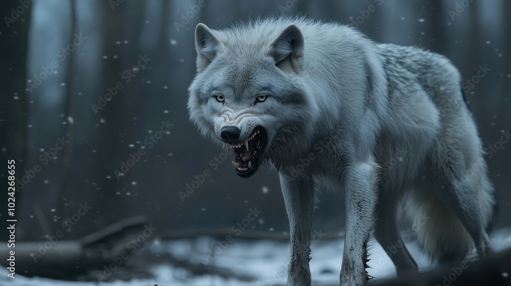 Obraz premium A fierce gray wolf in a snowy forest, showcasing its powerful stance and intense gaze.