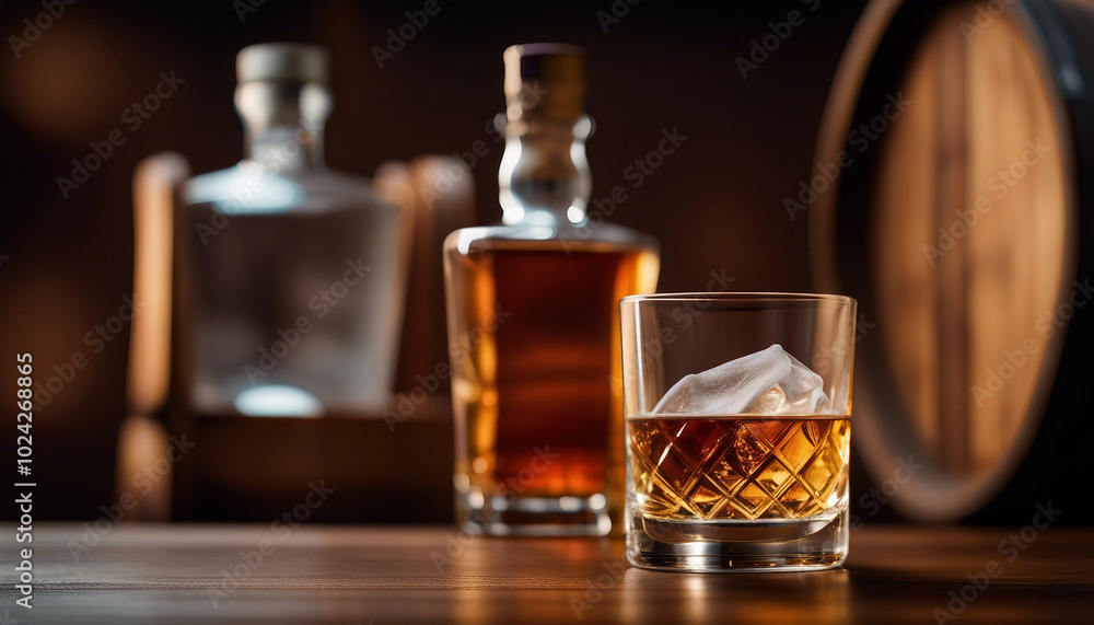 A frosted whisky glass rests on a wooden barrel beside an unbranded, unwritten whisky bottle, with ample copy space. A frosted whisky glass rests on a wooden barrel beside an unbranded, unwritten whisky bottle, with ample copy space.