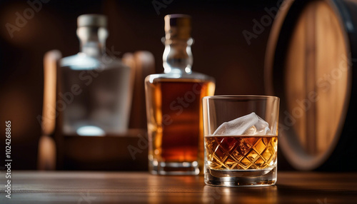 A frosted whisky glass rests on a wooden barrel beside an unbranded, unwritten whisky bottle, with ample copy space.