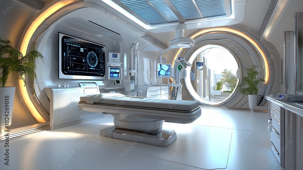 Futuristic healthcare technology featuring robotic surgery tools and holographic medical screens for precision treatment and diagnostics in a modern digital hospital or clinic setting Futuristic healthcare technology featuring robotic surgery tools and holographic medical screens for precision treatment and diagnostics in a modern digital hospital or clinic setting