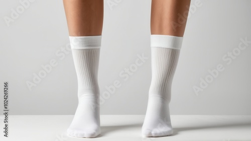 Realistic socks mockup featuring a classic crew length design. Ideal for showcasing apparel designs or branding projects. Clean and minimal, perfect for product presentations