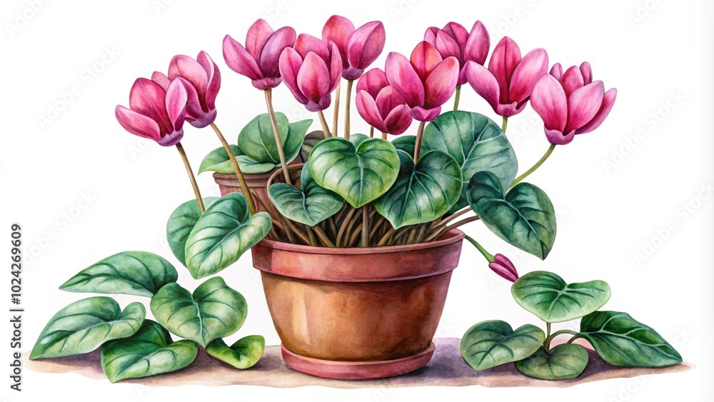 Watercolor painting of a cyclamen plant in a pot viewed from below Watercolor painting of a cyclamen plant in a pot viewed from below