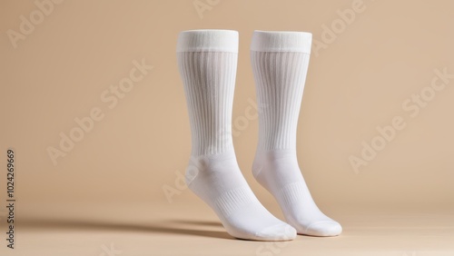 Realistic socks mockup featuring a classic crew length design. Ideal for showcasing apparel designs or branding projects. Clean and minimal, perfect for product presentations