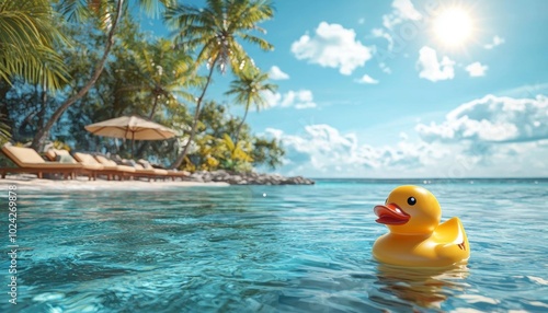 A vibrant scene featuring a rubber duck floating in turquoise water, surrounded by palm trees and a sunny beach atmosphere.