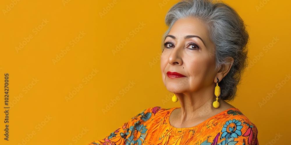 elegant fashion, older latina woman, colorful style, solid background elegant fashion, older latina woman, colorful style, solid background