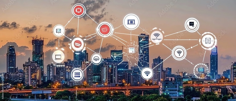 Obraz premium Futuristic cityscape with interconnected network of devices and icons, representing smart city technology and connectivity.