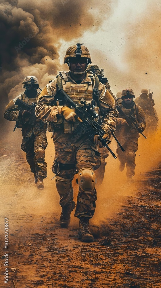 Military Soldiers in Action: A Dramatic Scene of Combat Military Soldiers in Action: A Dramatic Scene of Combat