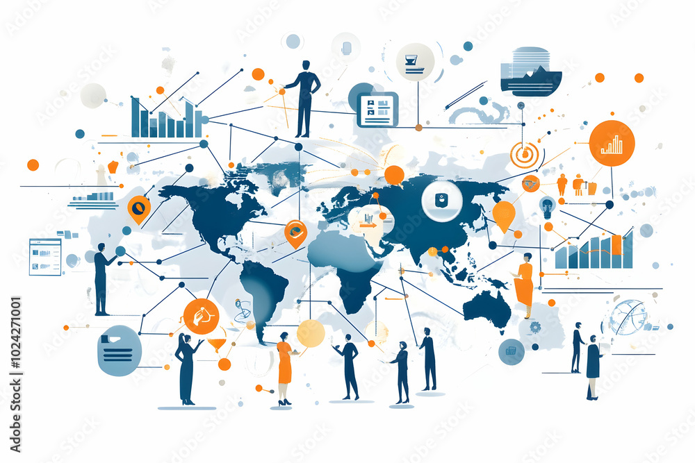 Global Network Illustration with Silhouettes of People Global Network Illustration with Silhouettes of People